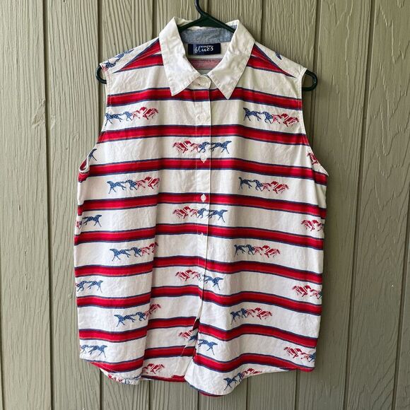 VTG Wrangler Blues USA Flag Horse Shirt – Western Sleeveless 4th of July M/L - Picture 1 of 6